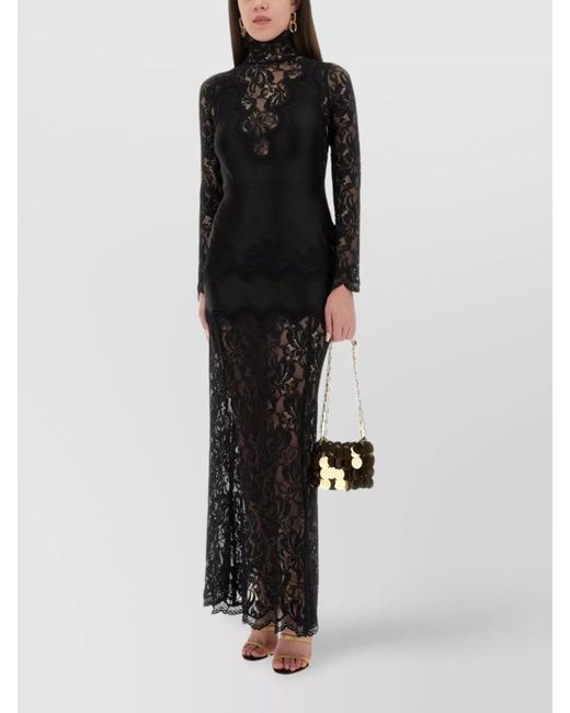 Rabanne Black Sheer Lace Detailing High Neckline Dress