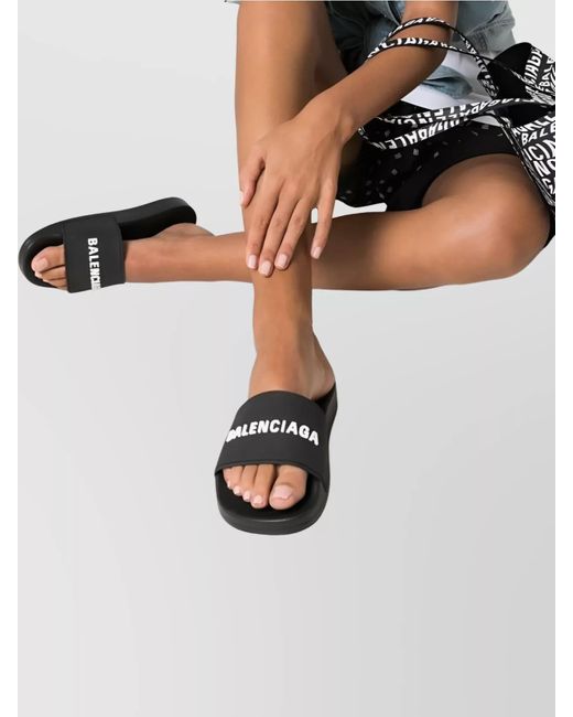 Balenciaga Black Rubber Sole Open Toe Logo Pool Slides