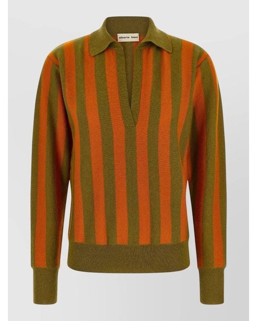 Alberto Biani Brown Cashmere Striped Long-Sleeve Polo Top