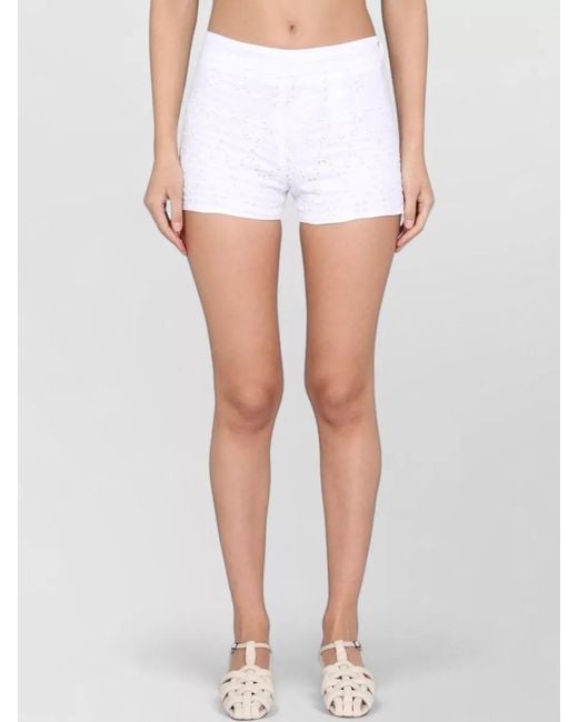 120% Lino White Linen High Waist Shorts Lace Detail