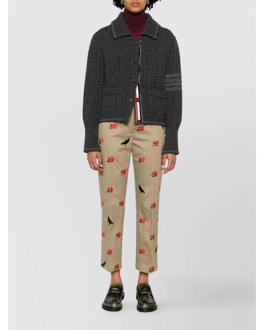 Thom Browne Natural Cotton Embroidered Mid-Rise Tapered Cropped Trousers