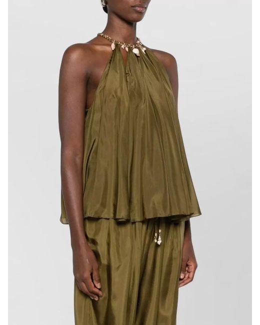 Zimmermann Green Silk Pleated Halterneck Sleeveless Blouse