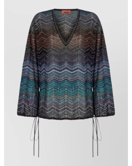Missoni Blue V Neck Knit Blouse Long Sleeves Chevron