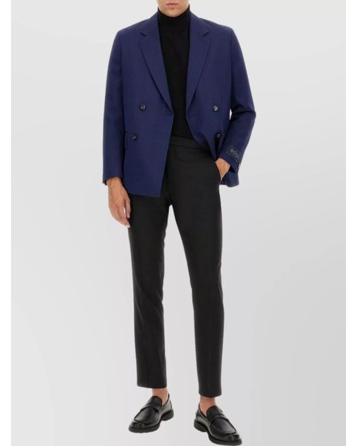 Boss Blue Virgin Wool Double-Breasted Blazer for men