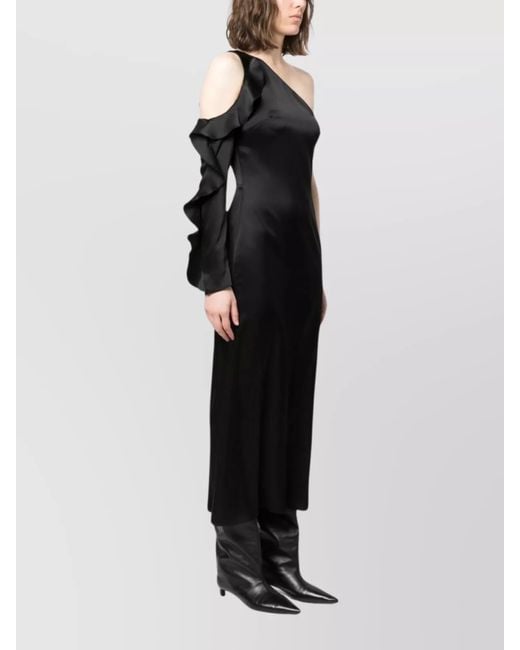 David Koma Black Asymmetric Ruffled One-Shoulder Long-Sleeve Midi Dress