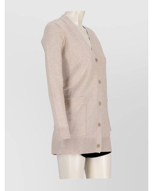 Max Mara Natural Cashmere Wool Sequin Embroidered V-Neck Long-Sleeve Cardigan