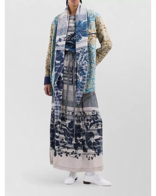 Pierre Louis Mascia Blue Silk Dress Belted Waist Floral Pattern