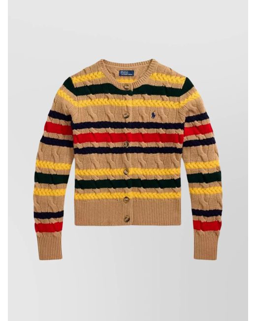 Polo Ralph Lauren Orange Striped Cable Knit Cardigan With Ribbed Cuffs And Hem
