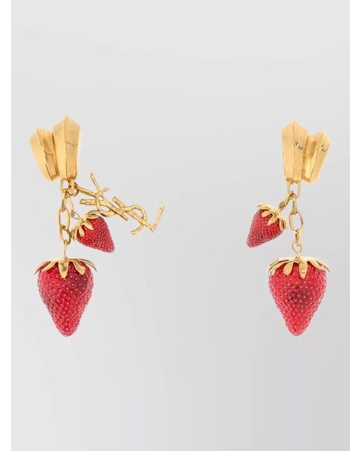 Saint Laurent Pink Cassandre Metal Resin Drop Earrings Strawberry