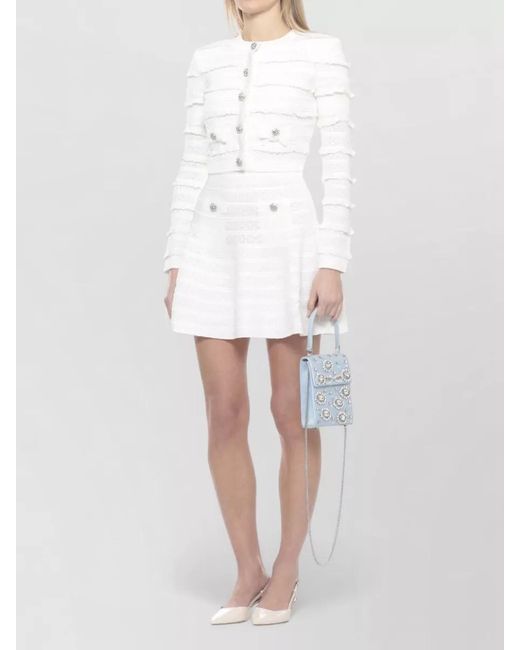 Self-Portrait White Cropped Textured Cardigan Bows Jewel Pockets
