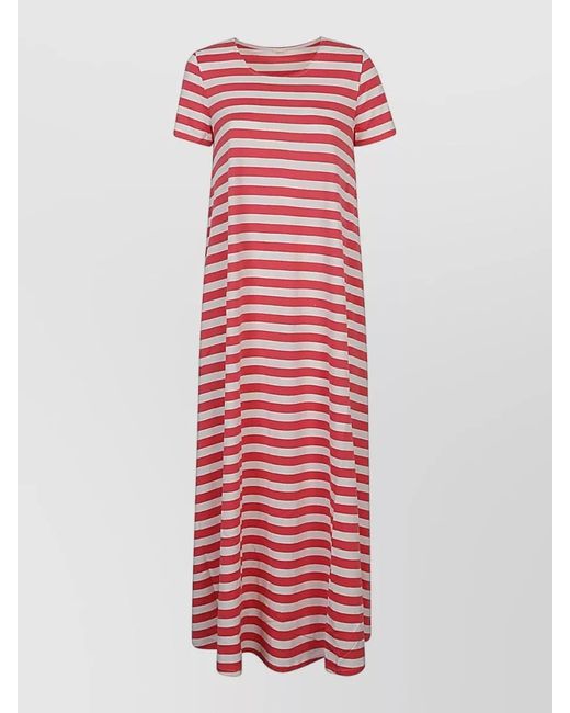 Apuntob Red Striped Cotton Maxi Dress Crew Neck