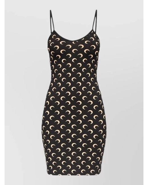 MARINE SERRE Black Lunar Print Fitted Mini Dress Scoop Neckline
