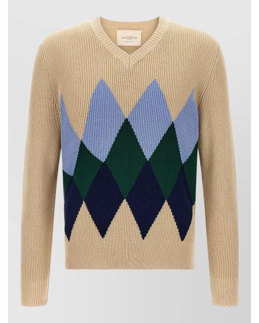 Ballantyne Blue Argyle Motif Sweater Long Sleeves V Neck for men