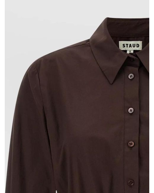 Staud Brown Rocco Dress Cuffed Sleeves Gathered Skirt Waistband