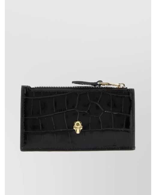 McQueen Black Calf Leather Crocodile-Effect Skull Zip Card Holder