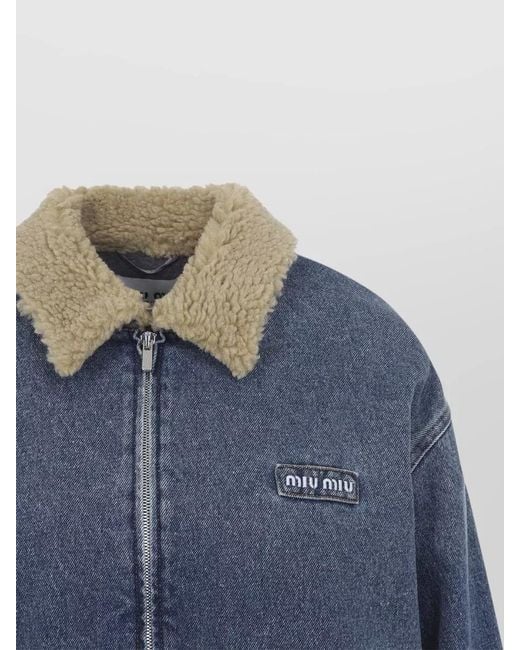 Miu Miu Blue Denim Blouson Shearling Collar Elasticated Hem