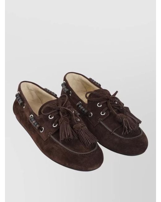 Miu Miu Brown Suede Loafer Lace Up Tassels Rubber Sole