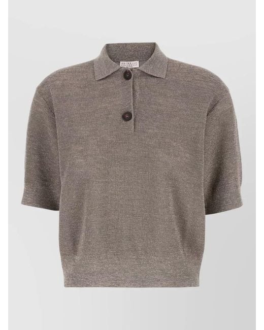 Brunello Cucinelli Gray Linen Blend Polo Shirt Ribbed Texture