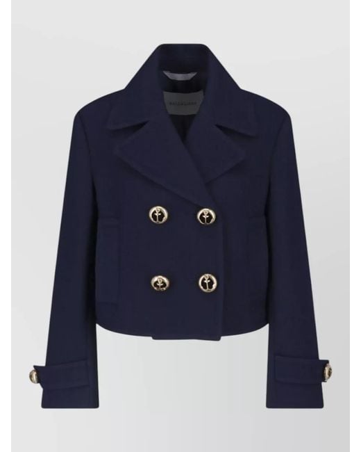 Balenciaga Blue Wool Textured Cropped Double-Breasted Peacoat