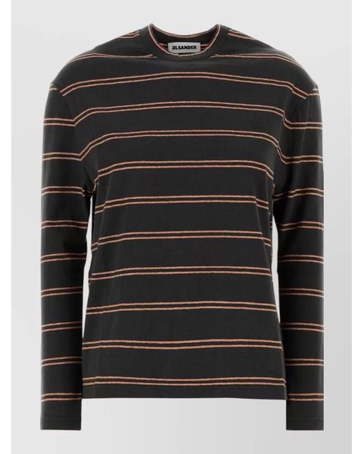 Jil Sander Black Embroidered Cotton Striped Crew Neck Top