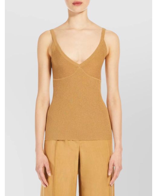 Max Mara Brown Silk Cashmere Ribbed V-Neck Sleeveless Top