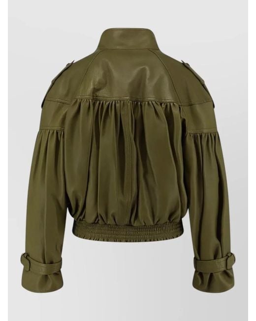Chloé Green Short Leather Jacket Elastic Waist Buckle