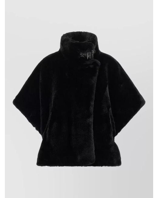 Pinko Black Cape Coat Buckle Detail Faux Fur