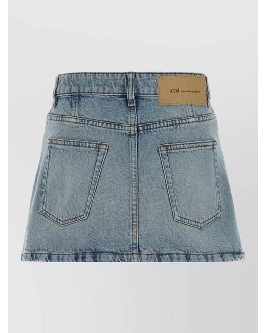 AMI Blue High Waist Denim Mini Skirt Frayed Hem