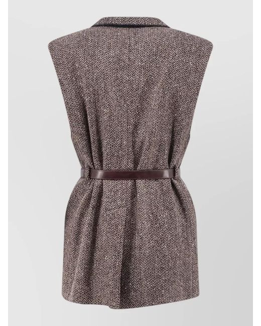 Brunello Cucinelli Gray Wool Herringbone Sleeveless Belted Single Breasted Coat