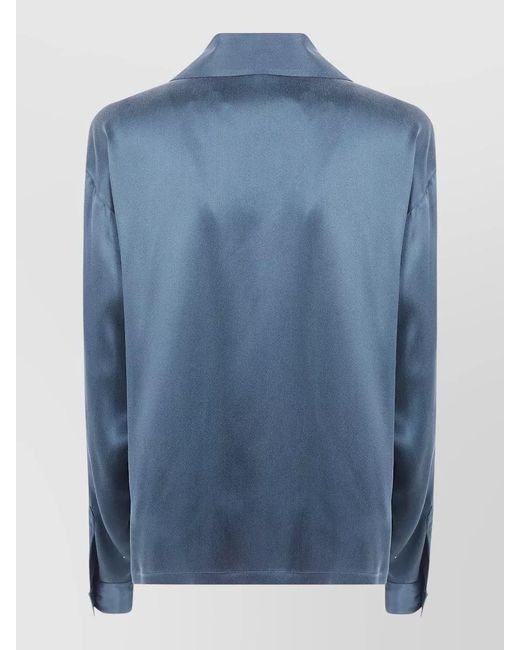 Tom Ford Blue Silk Satine Polo Shirt Long Sleeves