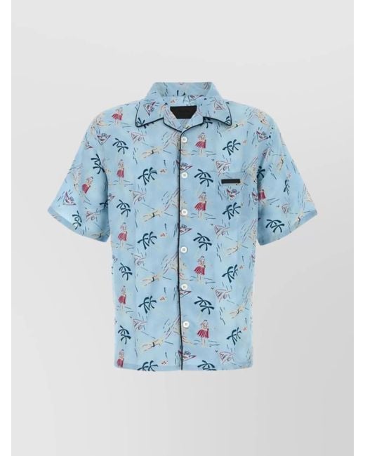 Prada Blue Satin Shirt With Printed Design And Pocket for men
