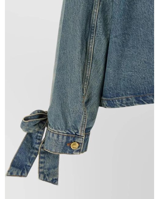 Ganni Blue Rigid Denim Jacket Bow Detail Pockets