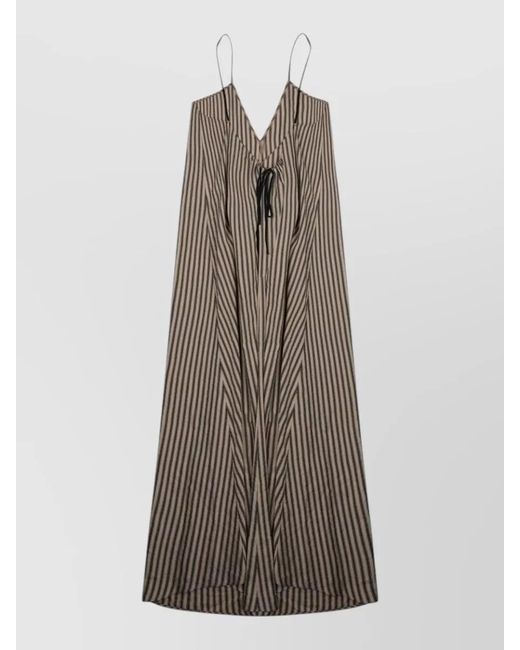 Alysi Brown Striped Long Dress Adjustable Straps V Neckline