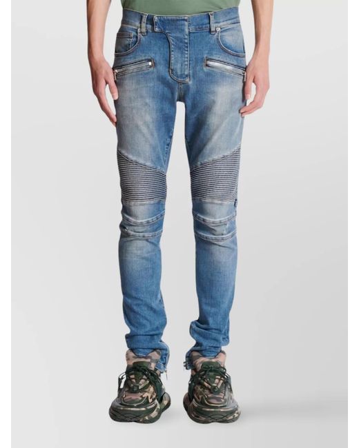 Balmain Blue Distressed Ribbed Skinny Jeans for men