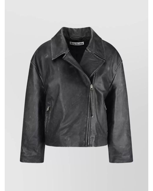 Acne Black Oversized Leather Jacket With Long Sleeves And Side Pockets