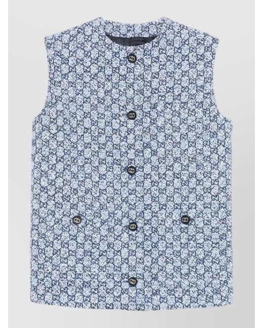 Gucci Blue Textured Sleeveless Top All Over Pattern