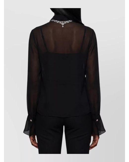 Gucci Blue Silk Lace-Trim Long-Sleeve Blouse