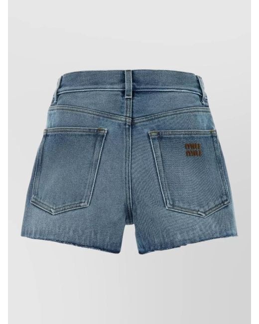 Miu Miu Blue Denim Shorts Frayed Hem Five Pocket Design