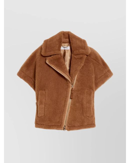 Max Mara Brown Teddy Fabric Biker Jacket Cape