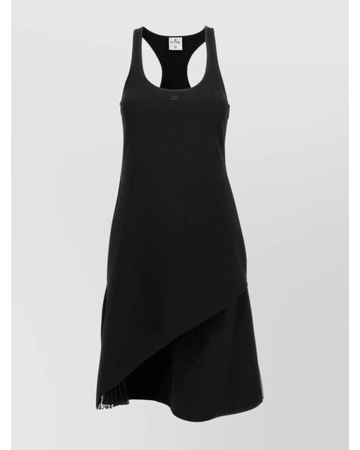 Courreges Black Infinity Pleats A-Line Embroidered Logo Scoop Neck Asymmetric Hem Knee-Length Dress