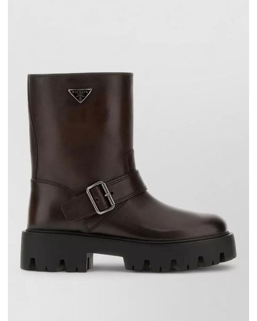Prada Black Leather Ankle Boots Chunky Heel Round Toe