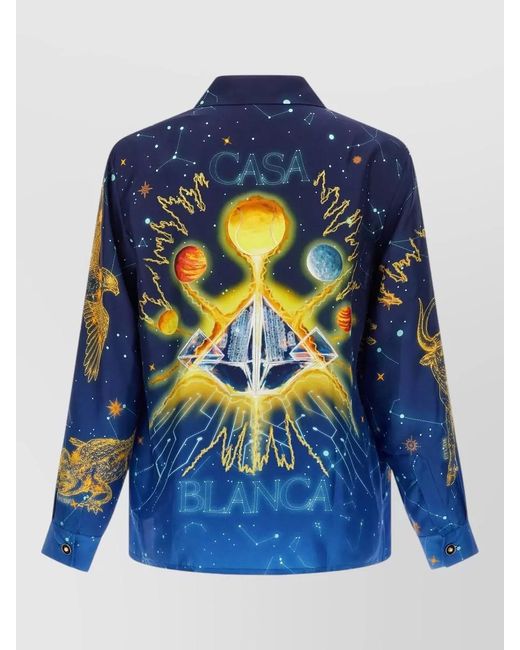 Casablanca Blue Silk Astrology Print Cuban Collar Shirt for men