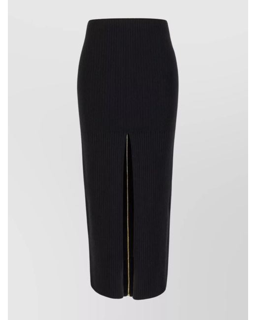 Patou Black Wool Skirt With Front Slit And Ribbed Texture