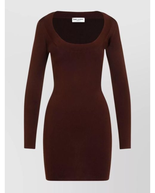 Saint Laurent Brown Ribbed Texture Mini Dress With Long Sleeves
