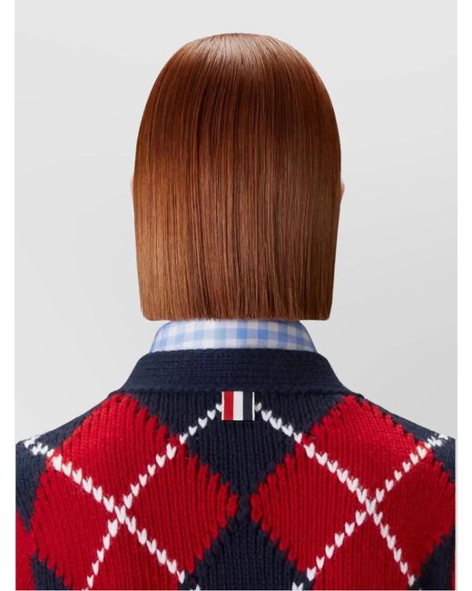 Thom Browne Red Chunky Wool Argyle V-Neck Cardigan