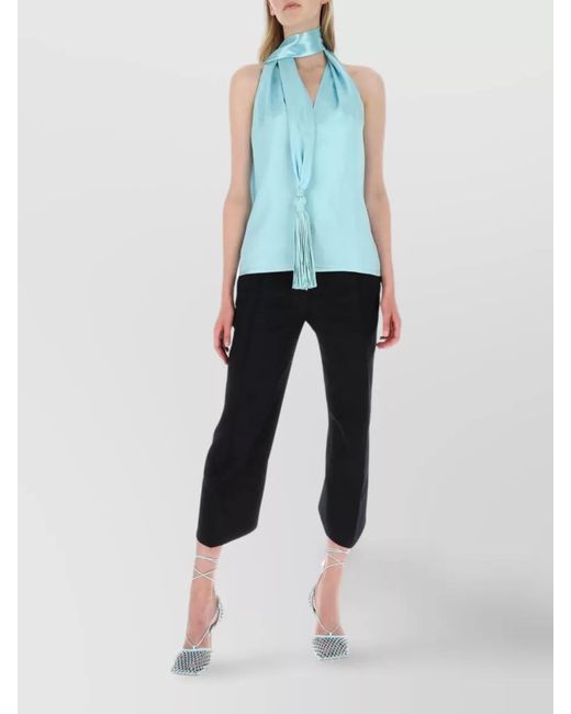 Bottega Veneta Blue Cotton Cropped Pleated Trousers