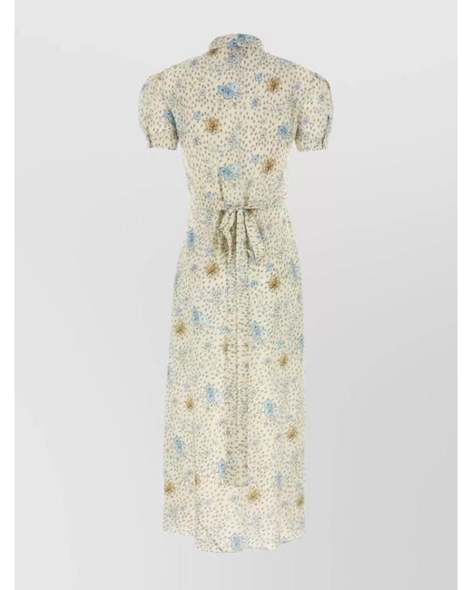 Miu Miu White Silk Floral Print Tie Neck Belted Midi Dress