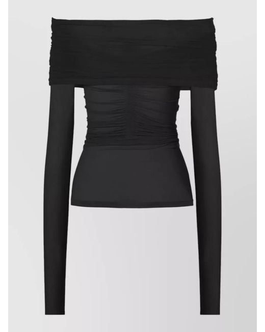 Wolford Black Sheer Draped Off-Shoulder Long-Sleeve Top