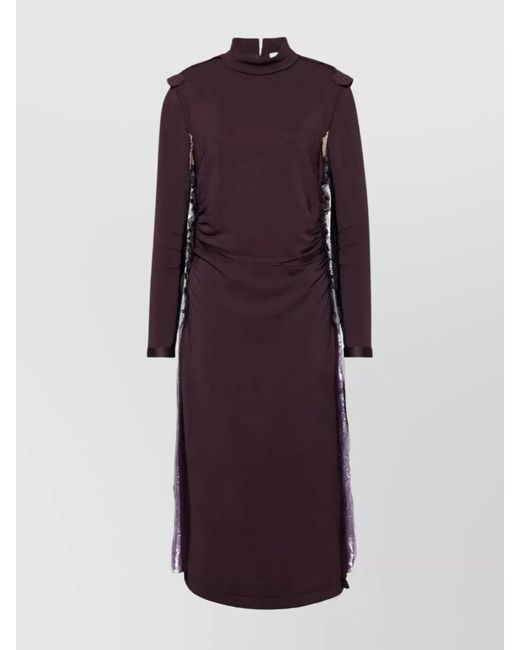 Maison Margiela Purple Silk High Neck Long Sleeve Gathered Midi Dress