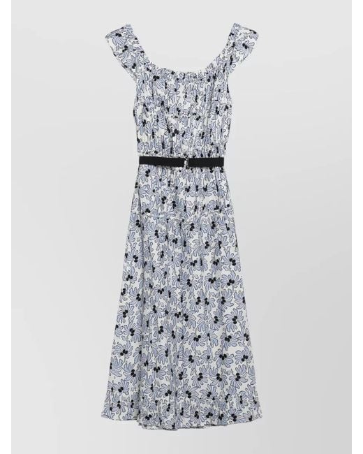 Prada White Off Shoulder Belted Midi Dress Floral